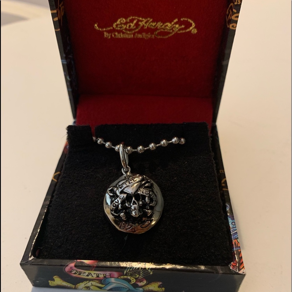 Ed Hardy Silver Skull Jester Pendant and  Necklace